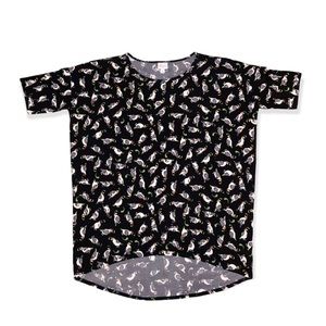 LuLaRoe Irma Black Tee with Vibrant Bird Pattern
